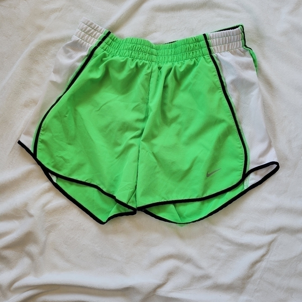 Nike Dri-fit neon green w/navy blue trim and swoosh lined running shorts XS